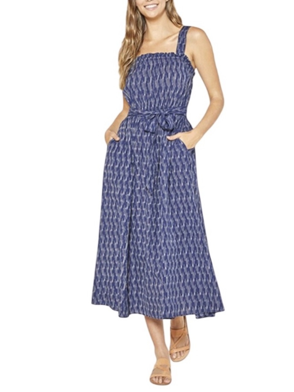 NWT Outerknown Isla Dress in Rain Ikat Midi Blue Sleeveless Sz XS